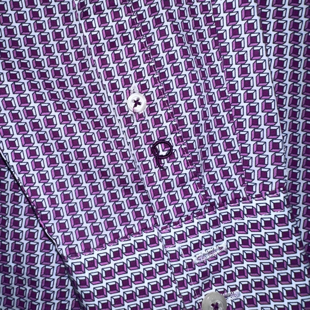 QUIETI Mens Geometric Print Dress Shirt Long‎ Sleeve Fine Cotton Purple M